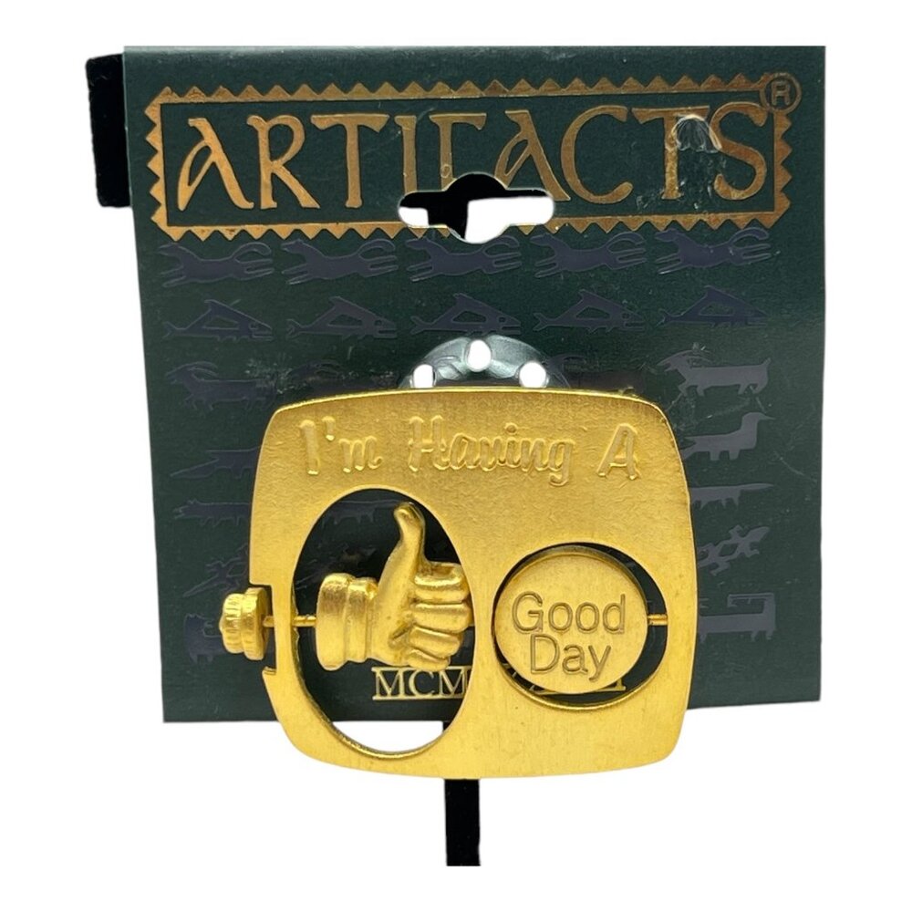 JJ  Artifacts  Im Having A Good/Bad Day Mood Brooch Pin Rotating Thumb Gold Tone
